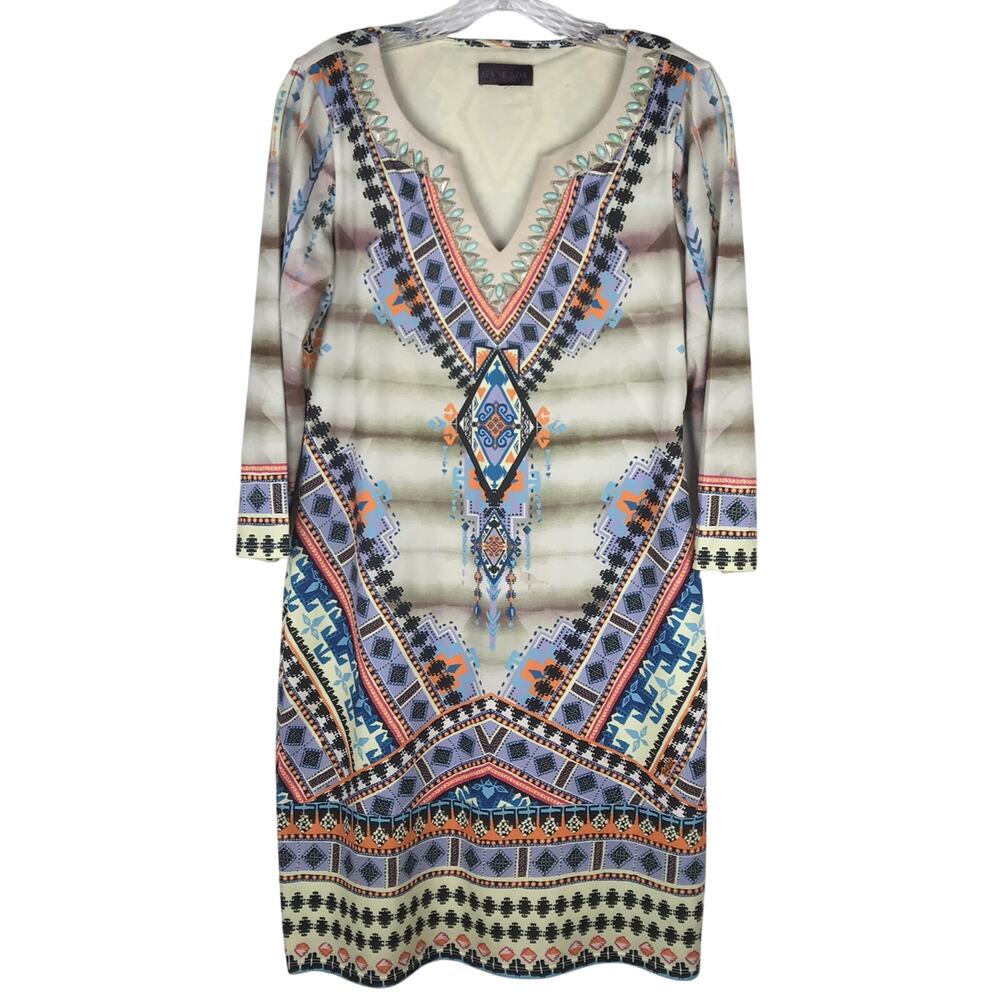 Hale Bob V-Neck Long Sleeve Dress Stretch Knee Length Beaded Multicolor Small